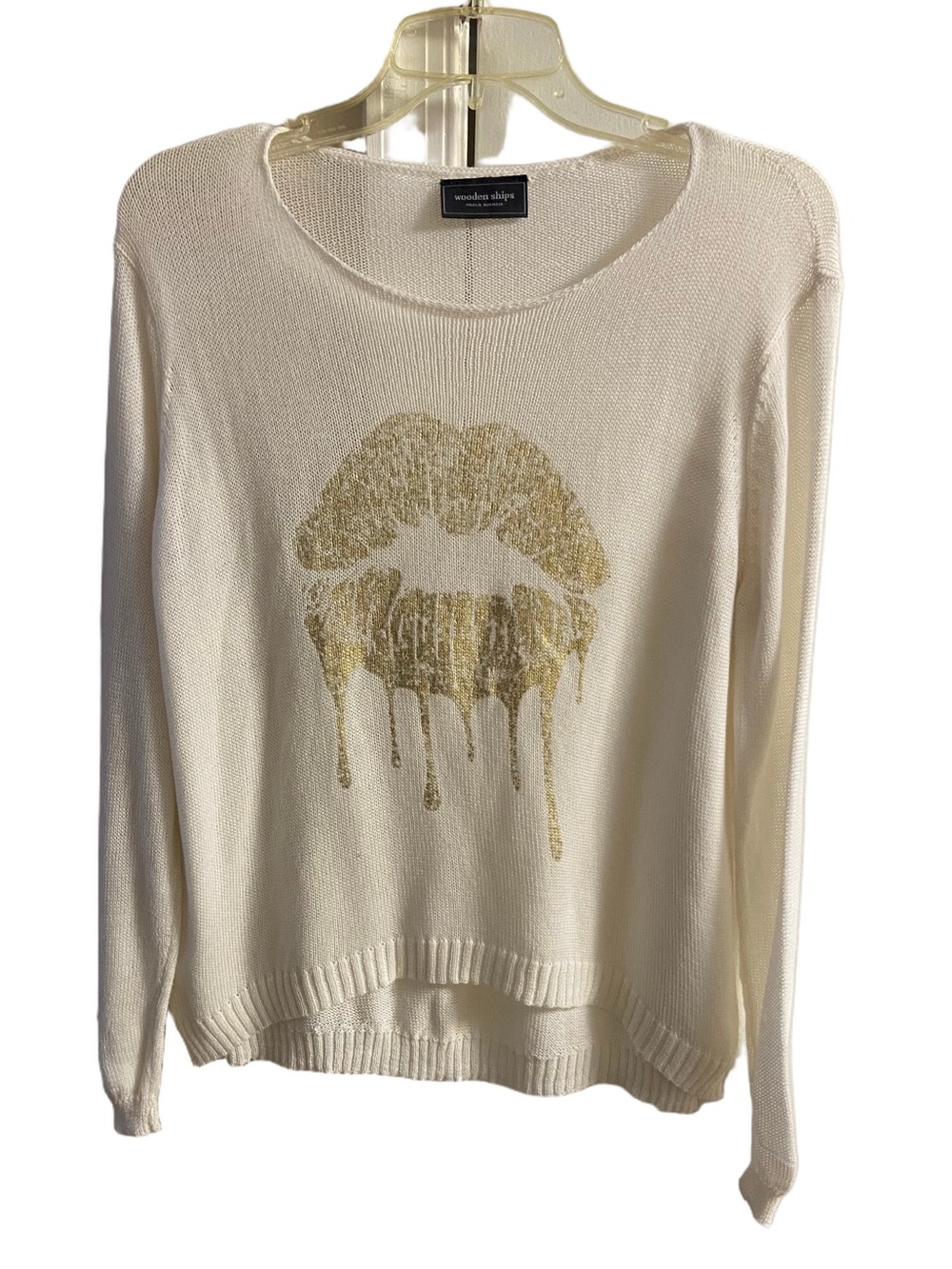 Wooden Ships Cream Gold Metallic Dripping Lips Lightweight Knit Sweater Small